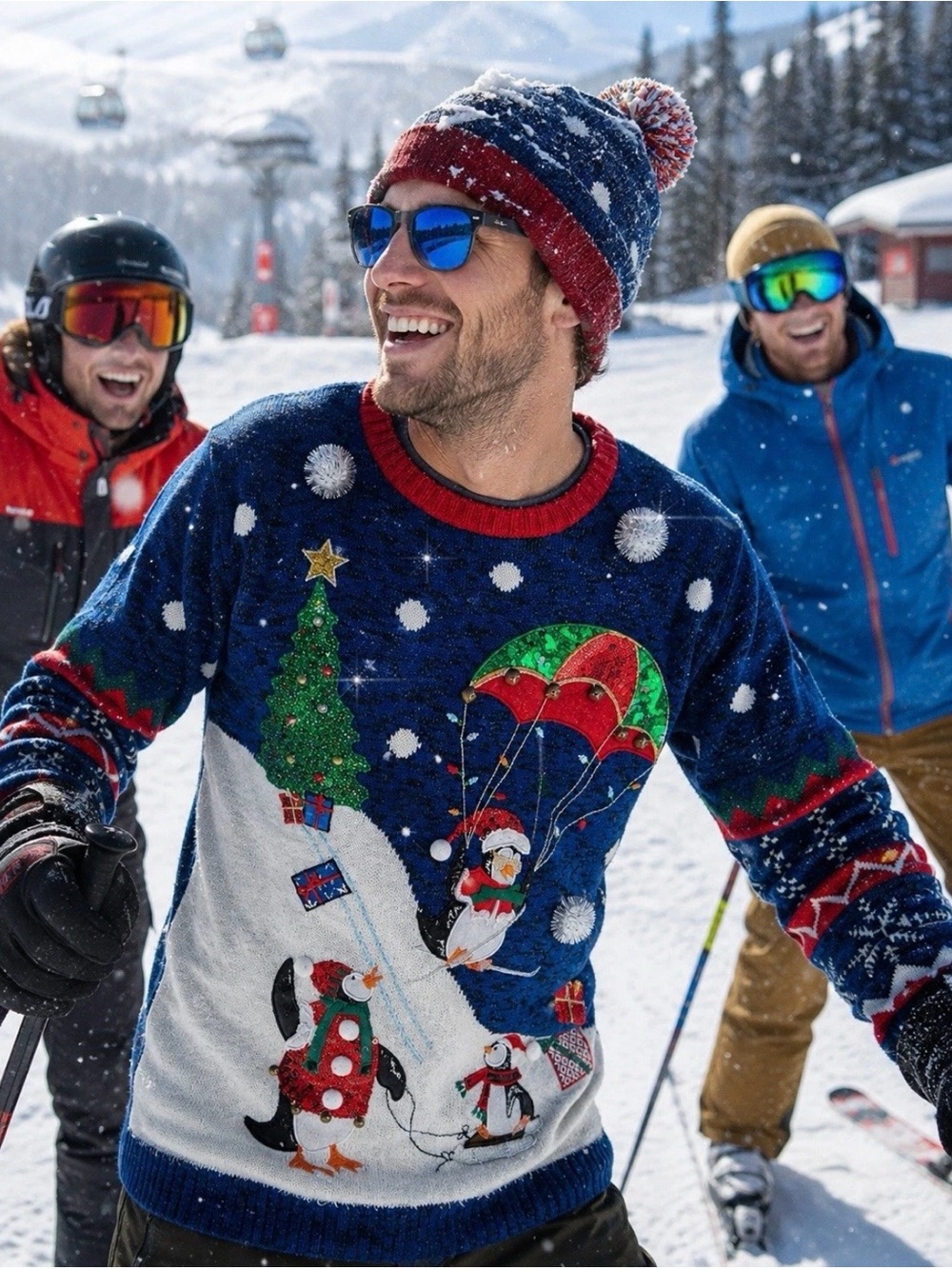 Tacky Ugly Christmas Sweater Sz 1X Rhinestone Embellished Penguins Skiing